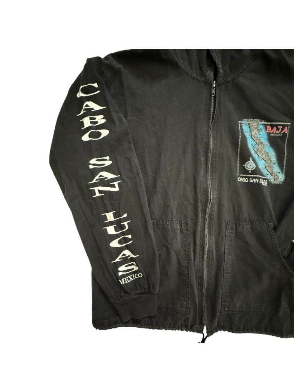 Vintage Cabo San Lucas Baja Mexico Lightweight Hooded Jacket Map Print Black Lg. - Picture 4 of 12